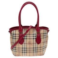 Burberry Beige/Red Leather And Haymarket Check Coated Canvas Satchel