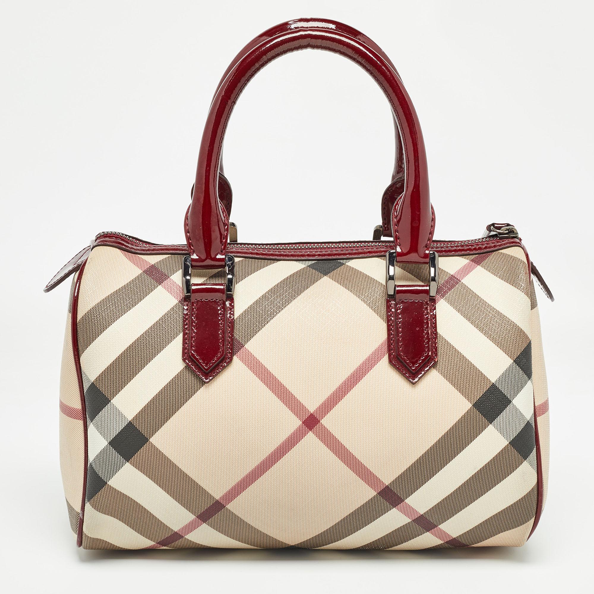 Women's Burberry Beige/Red Nova Check PVC and Patent Leather Chester Boston Bag