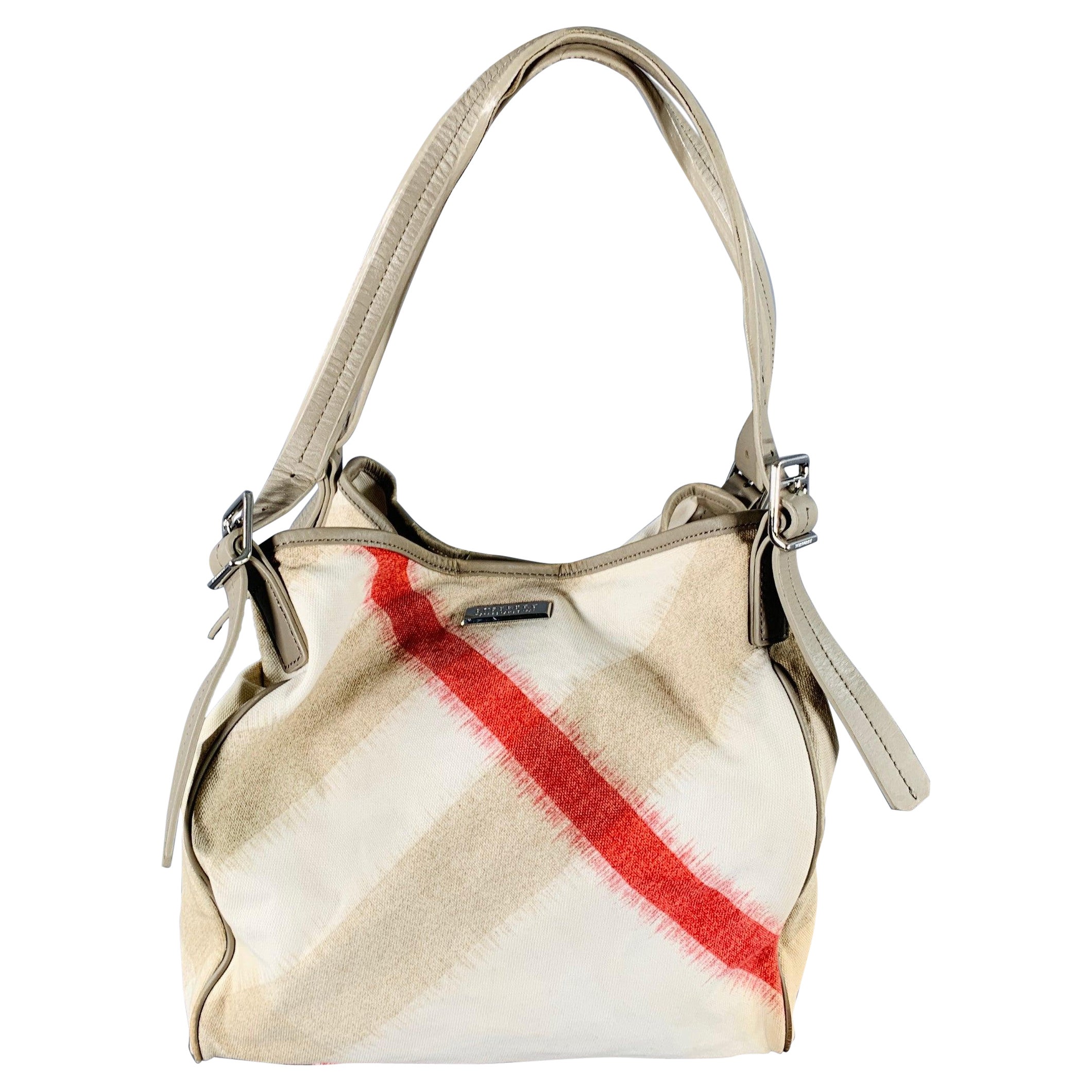 BURBERRY Beige Red Plaid Canvas Tote Handbag