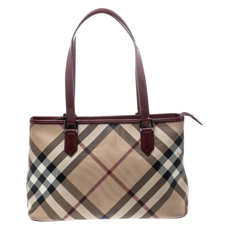 Burberry Beige/Red Supernova PVC and Patent Leather Small Nickie Tote For Sale at 1stDibs