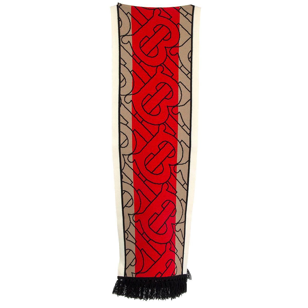 100% authentic Burberry striped monogram colour-block Jacquard scarf in red, beige, black and off-white cashmere (100%) finished with hand-knotted tasseled fringes. Has been worn and is in excellent condition. 

Measurements
Width	30cm