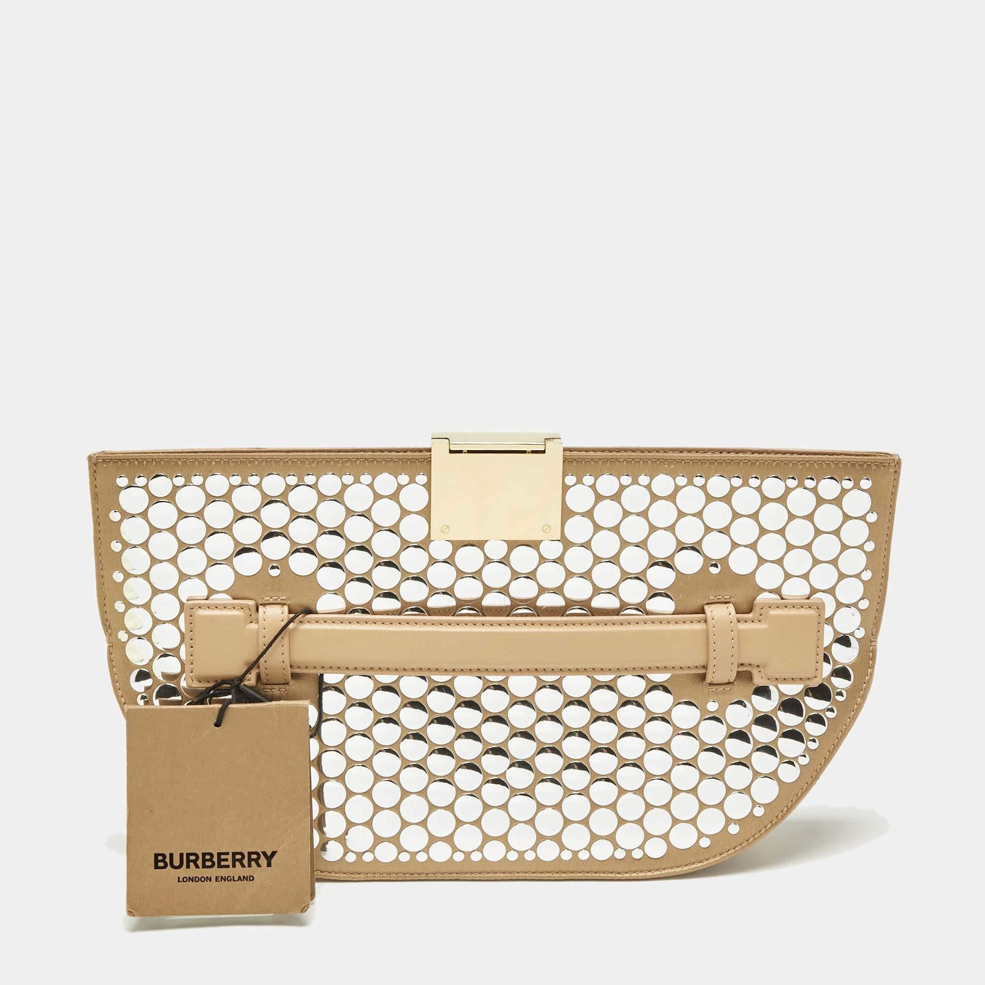 Women's Burberry Beige Satin and Leather Olympia Studded Clutch