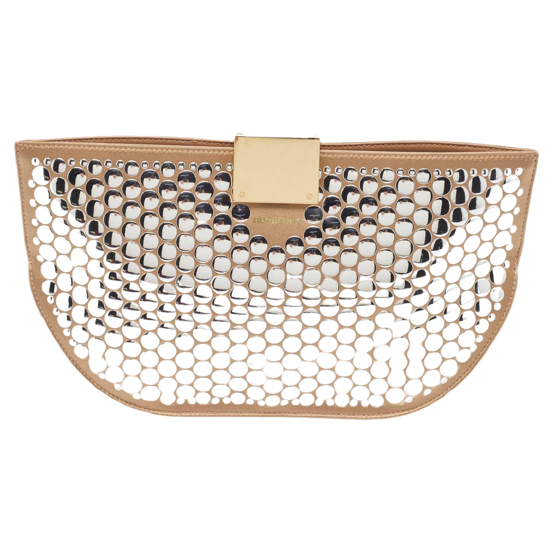 Burberry Beige Satin Studded Olympia Clutch For Sale