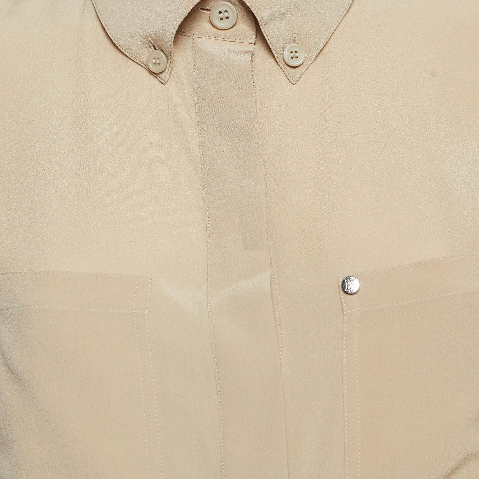 Burberry - Camicetta senza maniche con abbottonatura ad A in seta beige S in vendita 1