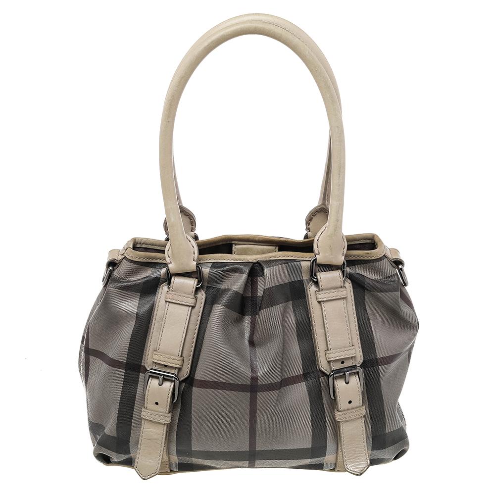 Burberry Beige Smoke Check PVC and Leather Northfield Tote For Sale