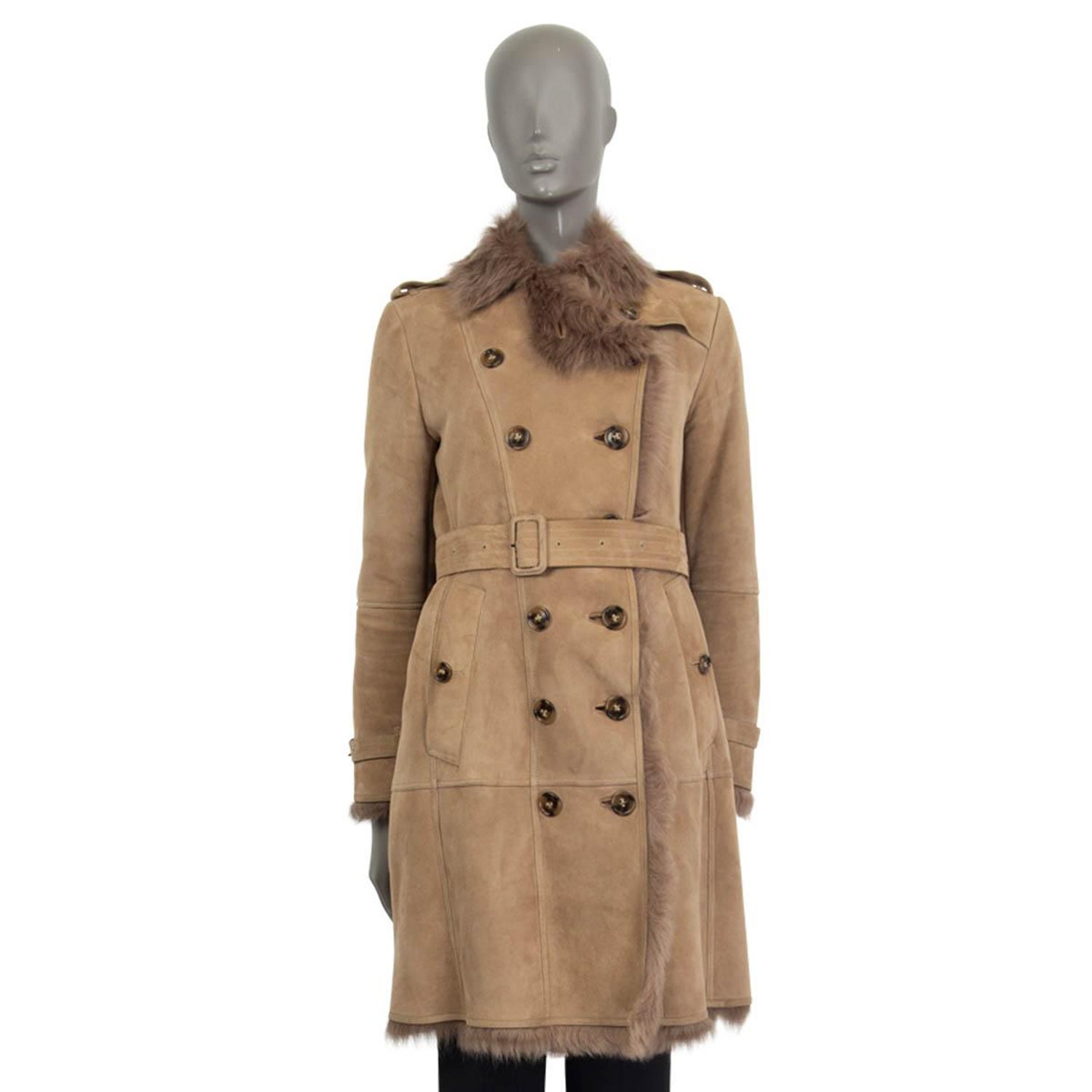BURBERRY beige suede SHEARLING TRENCH Coat Jacket 8 S at 1stDibs