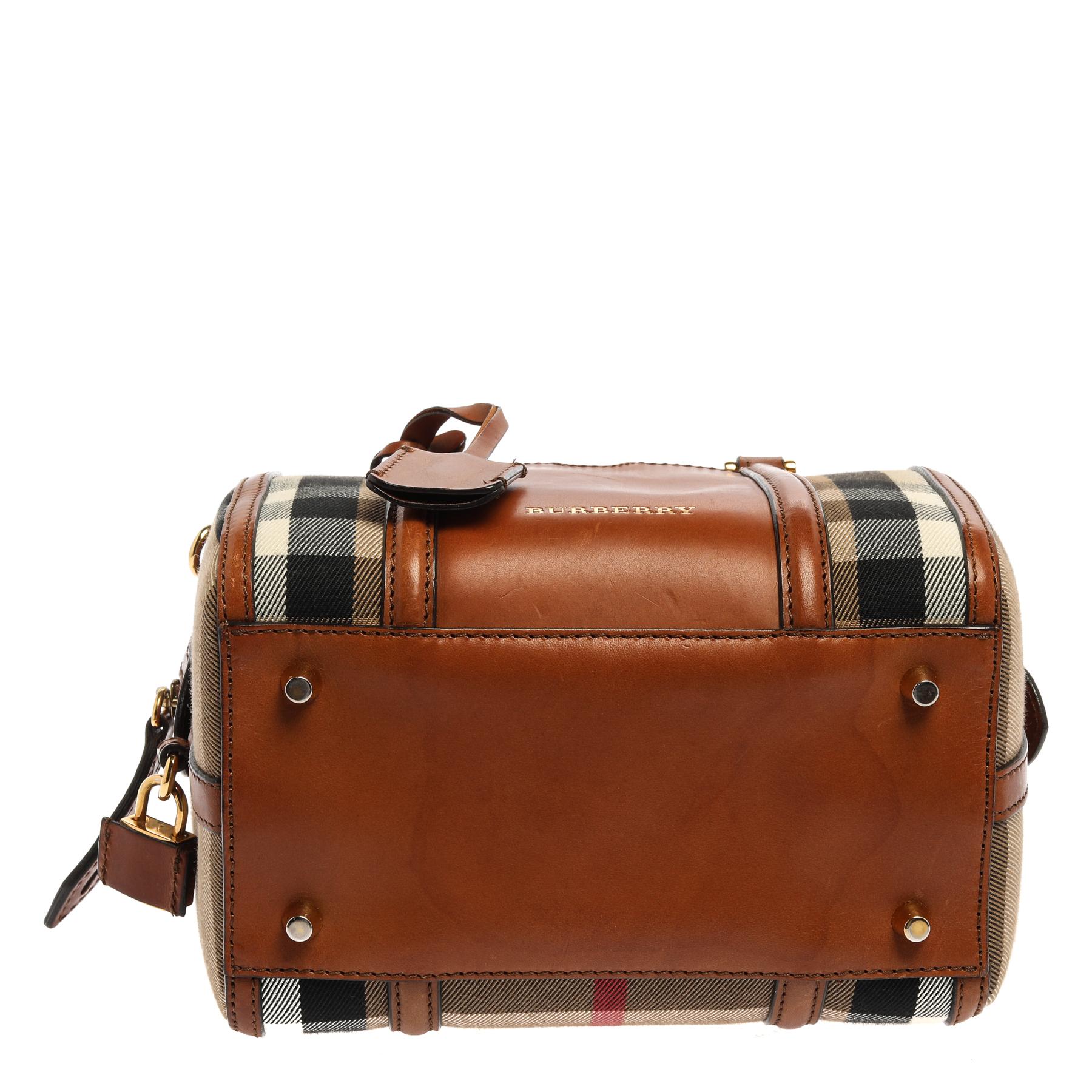 Brown Burberry Beige/Tan House Check Canvas and Leather Boston Bag