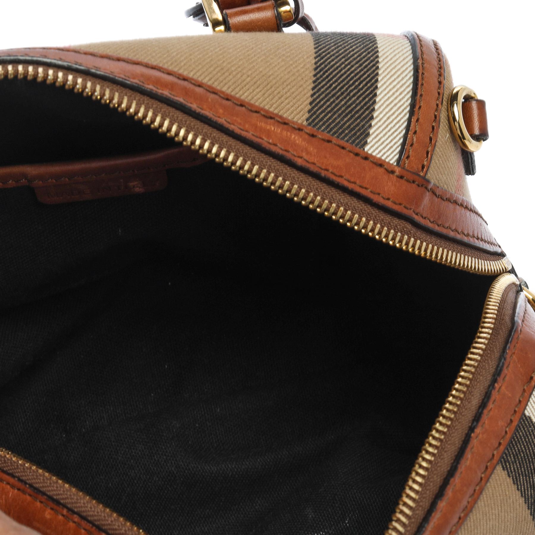 Burberry Beige/Tan House Check Canvas and Leather Boston Bag In Good Condition In Dubai, Al Qouz 2