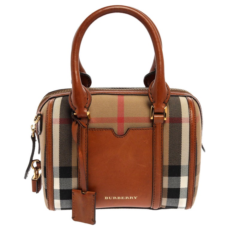 Burberry Beige/Tan House Check Canvas and Leather Boston Bag at 1stDibs