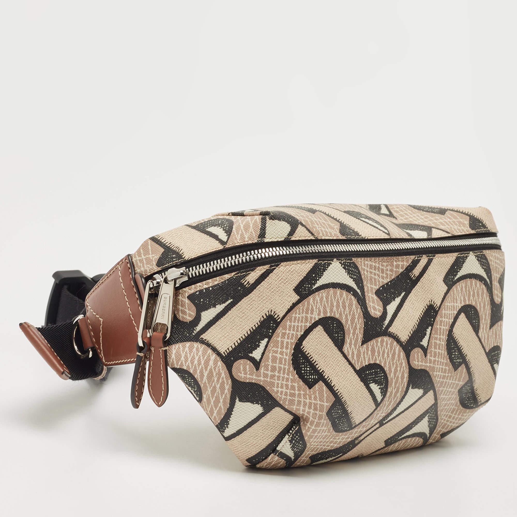 Women's Burberry Beige TB Monogram Print Coated Canvas and Leather Sonny Bum Bag