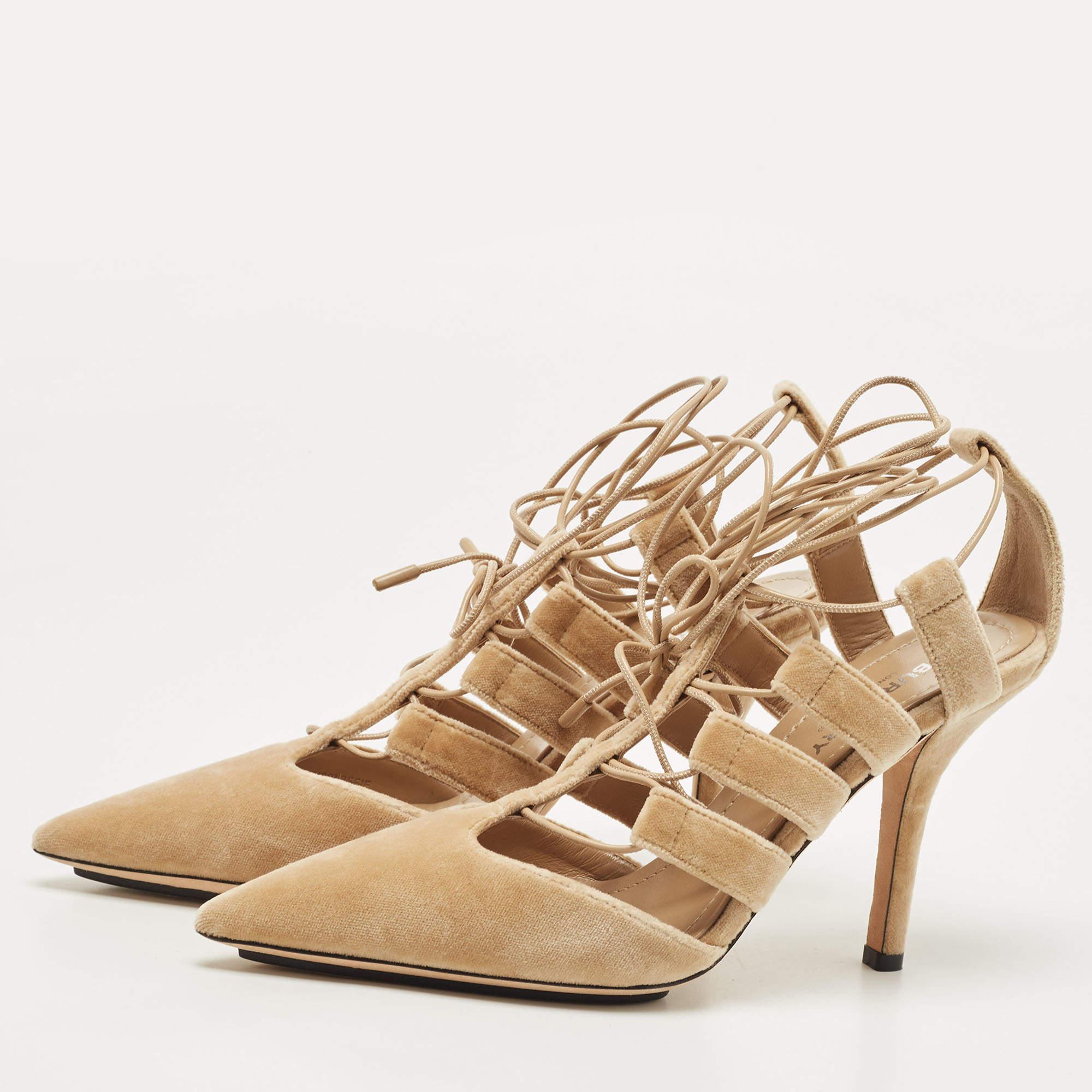 Burberry Beige Velvet Strappy Pointed Toe Ankle Wrap Pumps Size 37 In New Condition In Dubai, Al Qouz 2