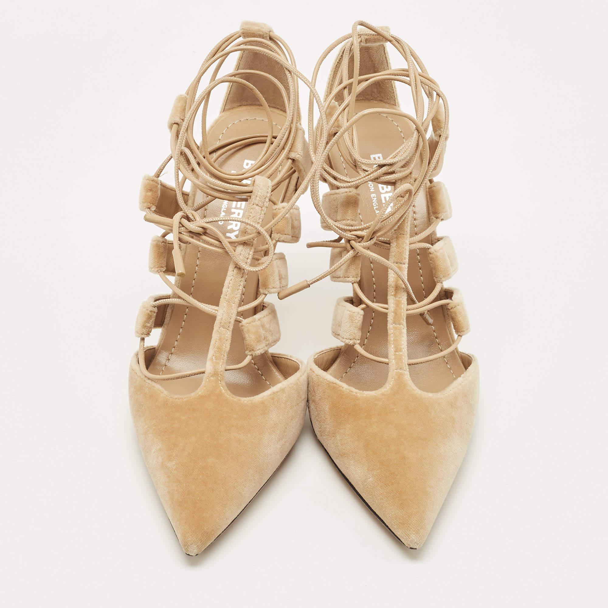 Burberry Beige Velvet Strappy Pointed Toe Ankle Wrap Pumps Size 37 1