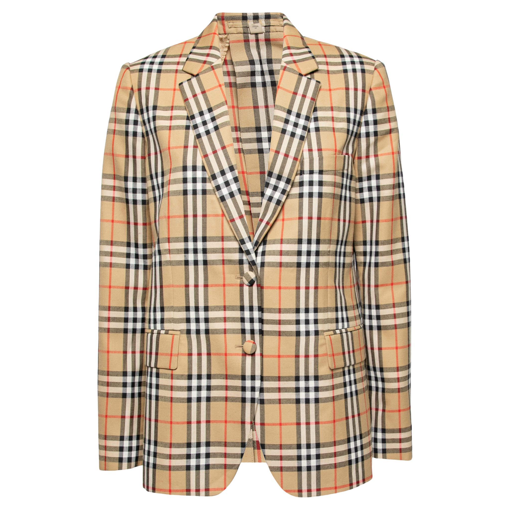 Burberry Beige Vintage Check Wool Single Breasted Tailored Blazer M For Sale