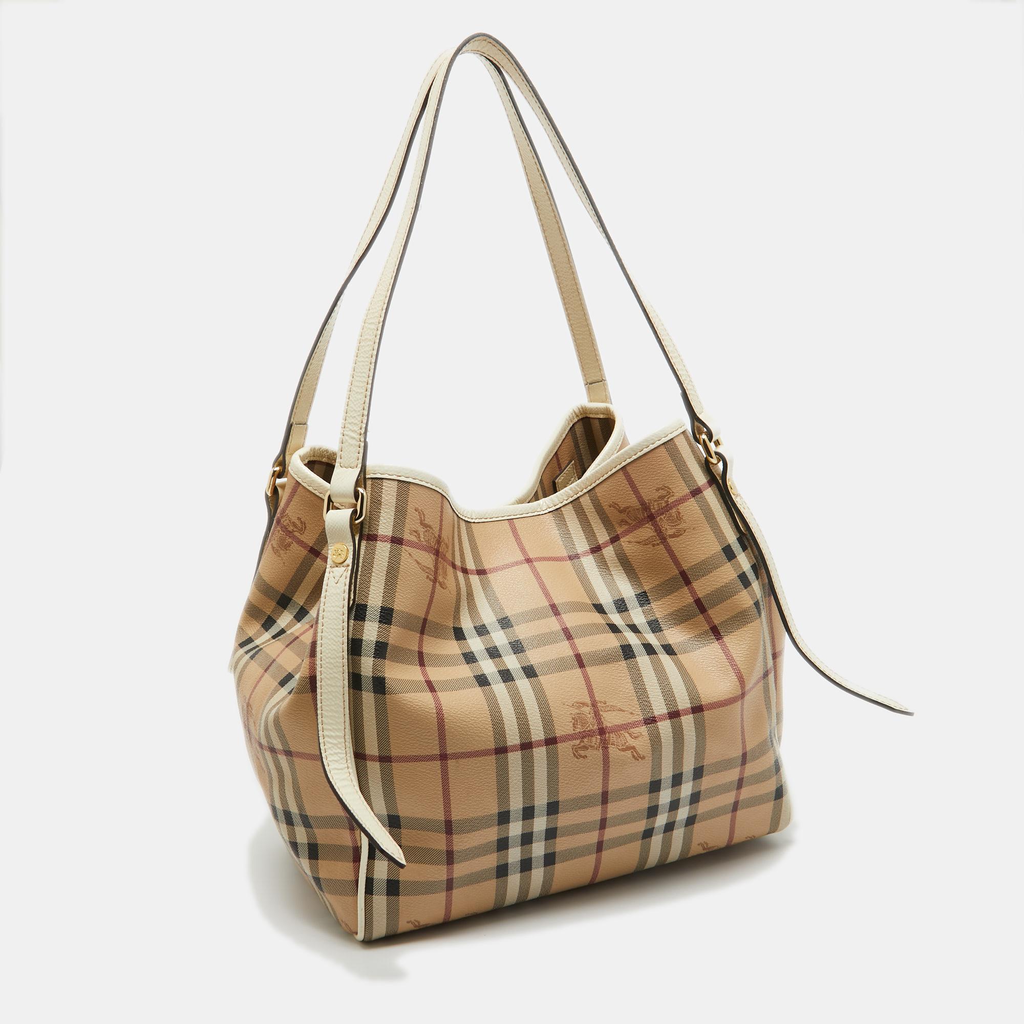 Burberry Beige/White Haymarket Check Coated Canvas and Patent Leather Small Cant For Sale 10