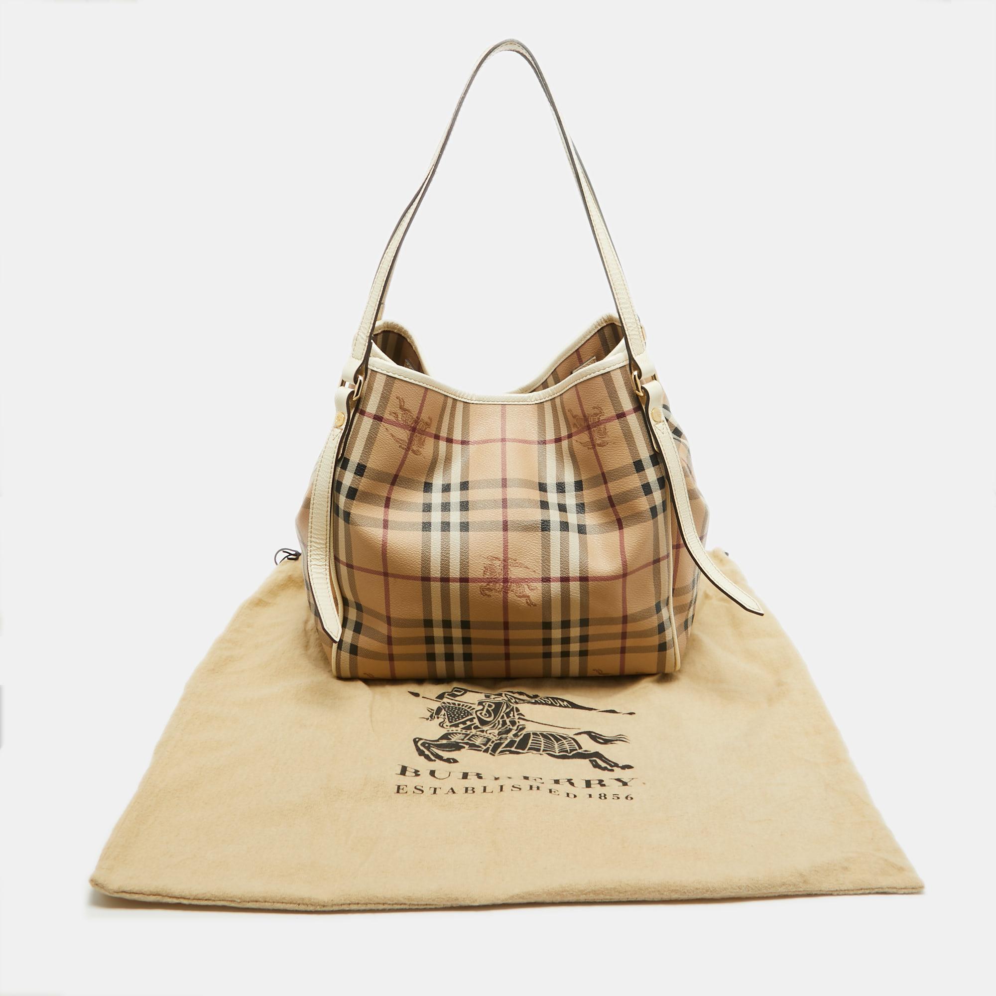 Burberry Beige/White Haymarket Check Coated Canvas and Patent Leather Small Cant For Sale 11