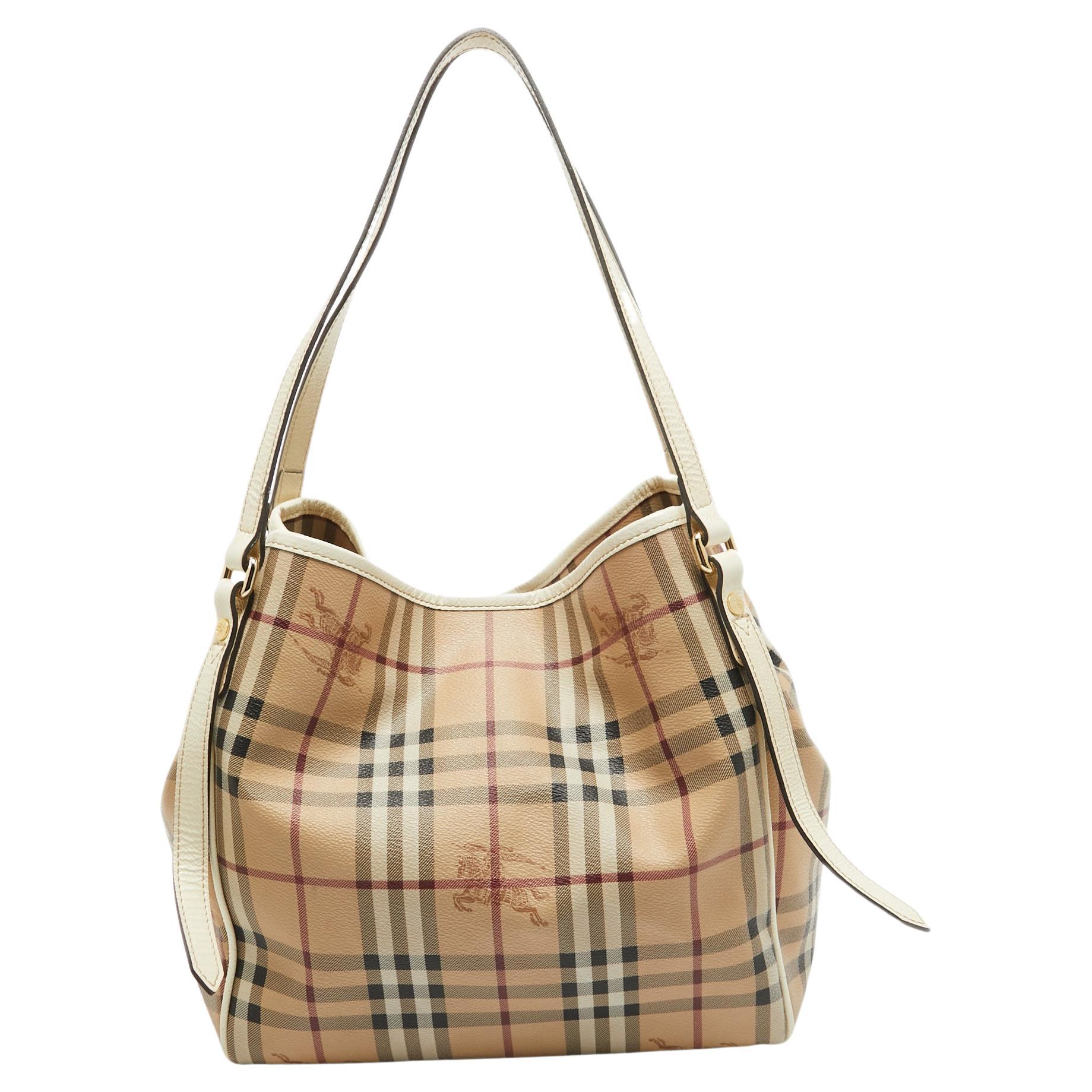 Burberry Beige/White Haymarket Check Coated Canvas and Patent Leather Small Cant For Sale