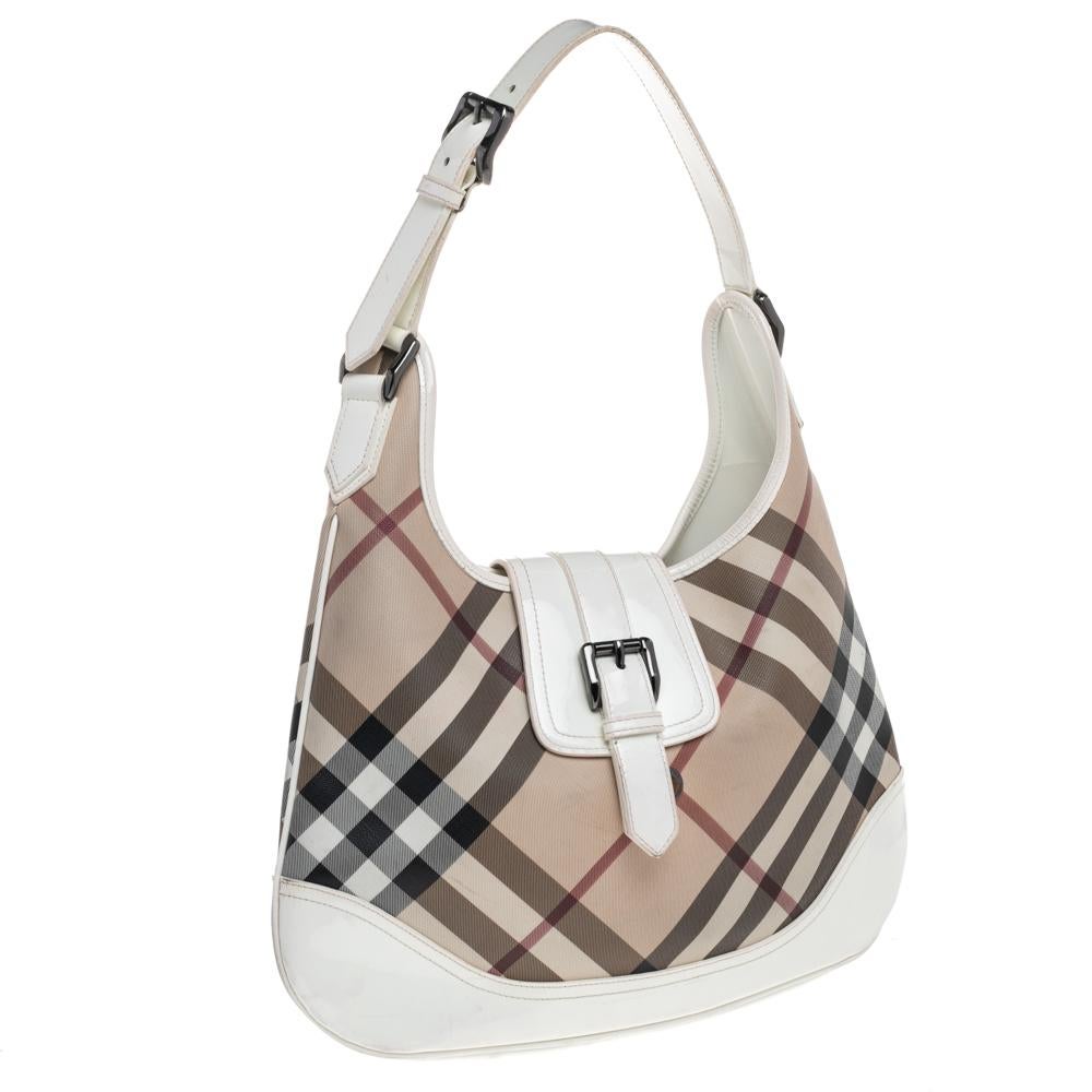 Burberry Beige/ White Nova Check And Patent Leather Brooke Hobo at 1stDibs
