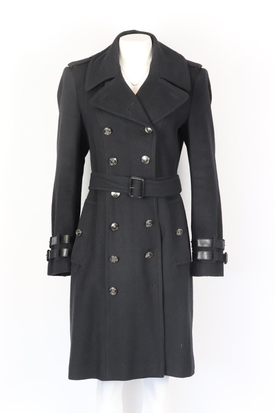 Burberry belted double breasted wool coat. Black. Long sleeve, crewneck. Button fastening at front. 80% Virgin wool, 20% cashmere; lining: 50% acetate, 50% viscose; leather trim: 100% leather. Size: UK 16 (US 12, FR 44, IT 48). Shoulder to shoulder: