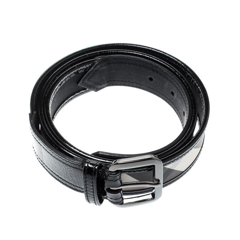 Burberry Black Beat Check Nylon and Leather Belt 110CM In Excellent Condition In Dubai, Al Qouz 2