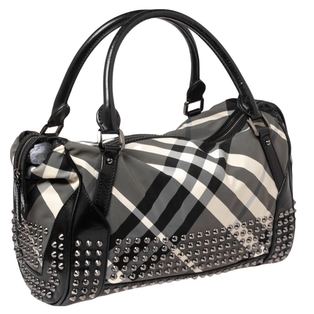 Burberry Black Beat Check Nylon and Leather Studded Satchel 6