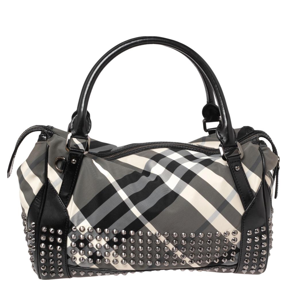 Burberry Black Beat Check Nylon and Leather Studded Satchel 7
