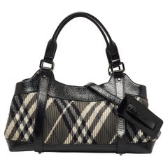 Burberry Black Beat Check Nylon and Patent Leather East/West Tote