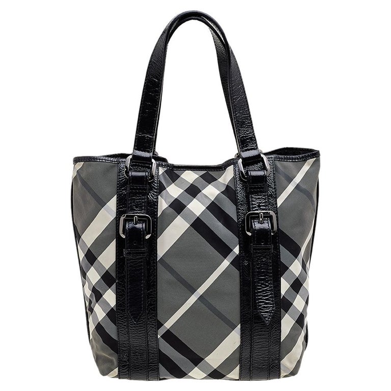 Burberry Black Beat Check Nylon And Patent Leather Lowry Tote For Sale at  1stDibs | burberry black nylon bag