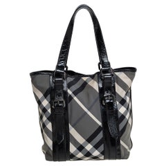 Burberry Black Beat Check Nylon and Patent Leather Lowry Tote