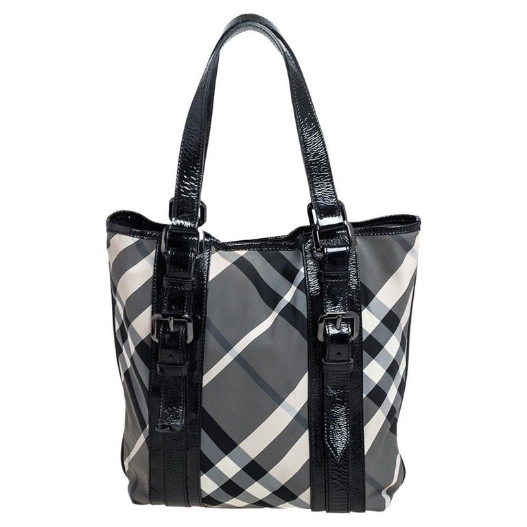 Burberry Black Beat Check Nylon and Patent Leather Lowry Tote at