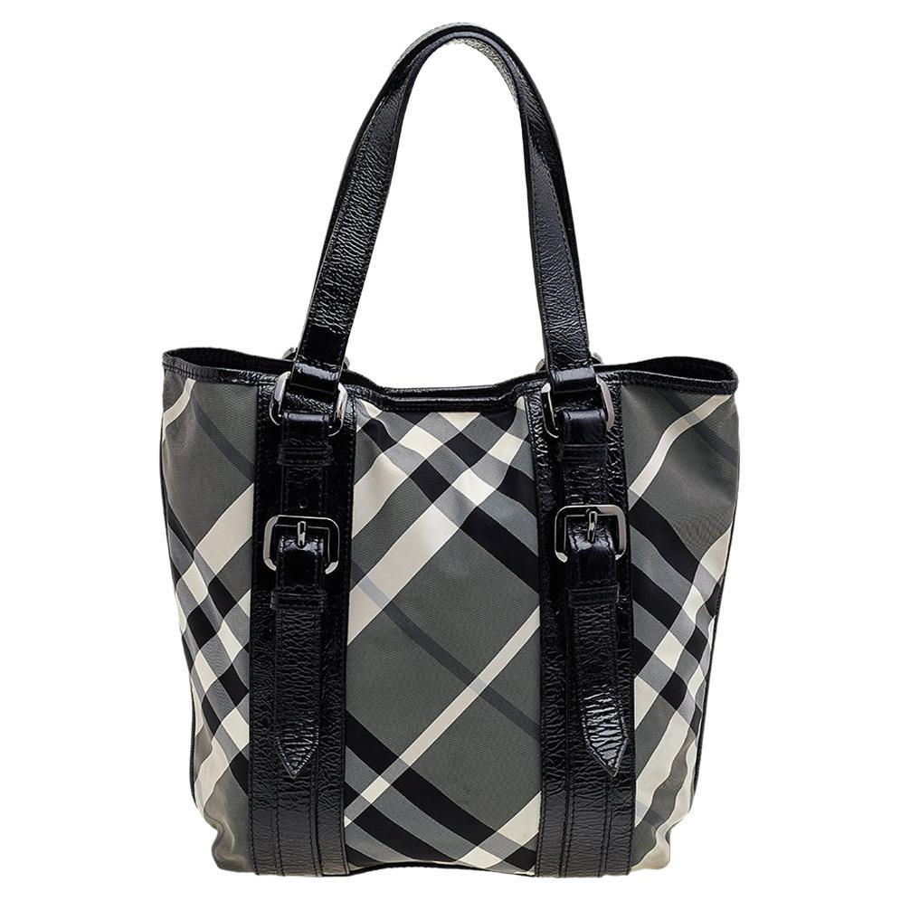 Burberry Black Beat Check Nylon And Patent Leather Lowry Tote For Sale