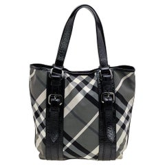 Used Burberry Black Beat Check Nylon And Patent Leather Lowry Tote