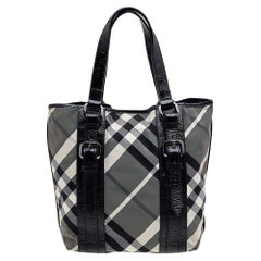 Used Burberry Black Beat Check Nylon And Patent Leather Lowry Tote