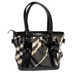 Burberry Black Beat Check Nylon and Patent Leather Small Lowry Tote