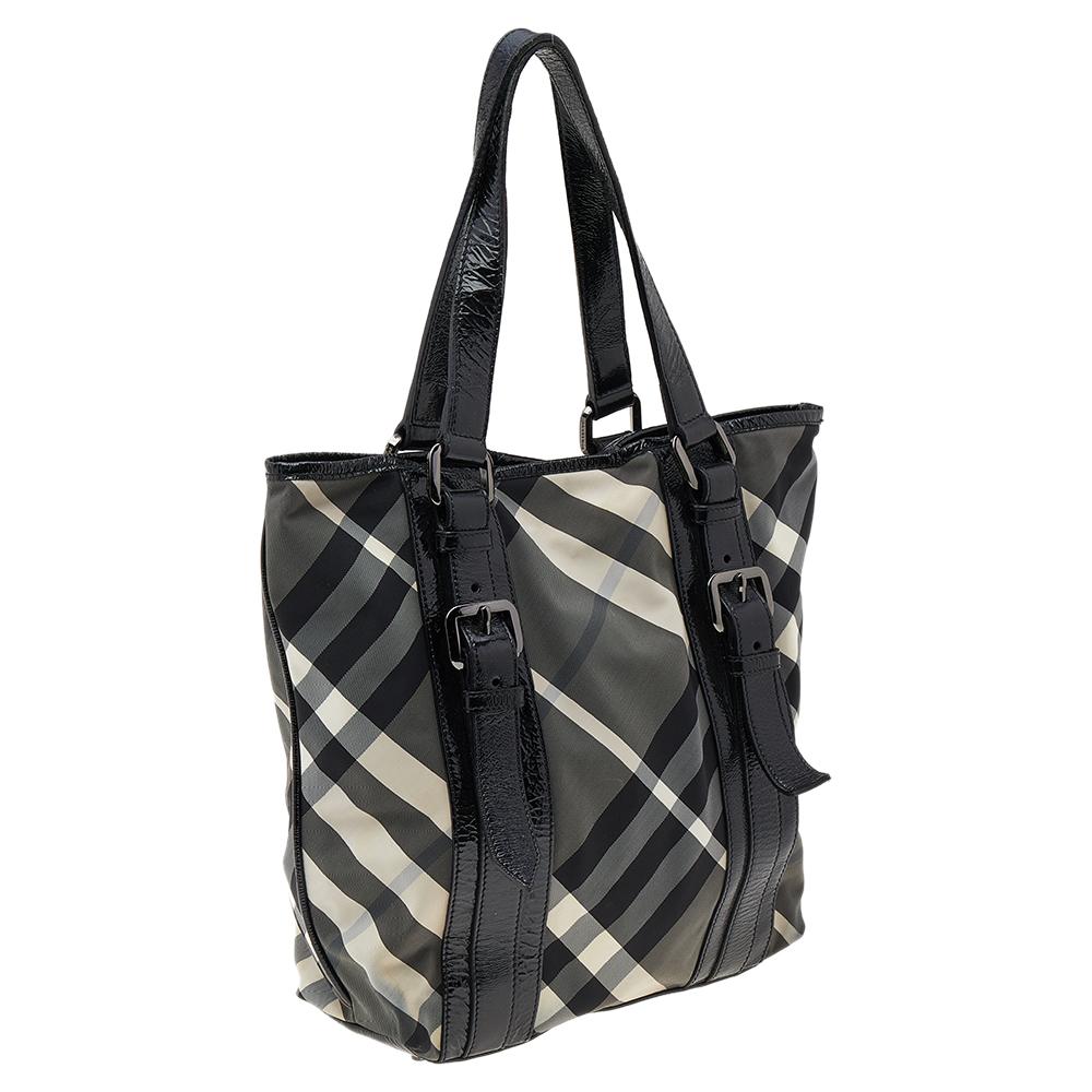 Women's Burberry Black Beat Check Nylon And Patent Leather Victoria Tote