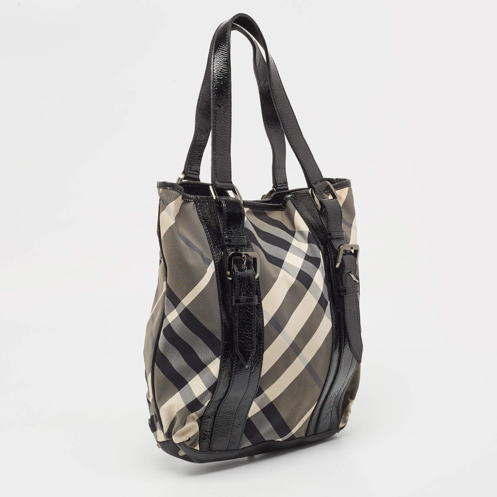 Women's Burberry Black Beat Check Nylon and Patent Leather Victoria Tote For Sale