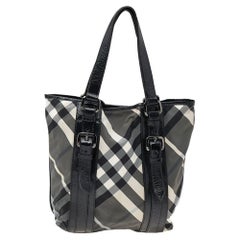 Used Burberry Black Beat Check Nylon And Patent Leather Victoria Tote