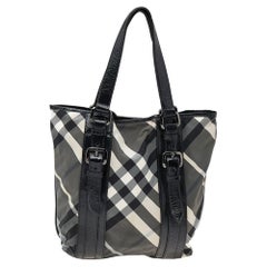 Burberry Black Beat Check Nylon And Patent Leather Victoria Tote