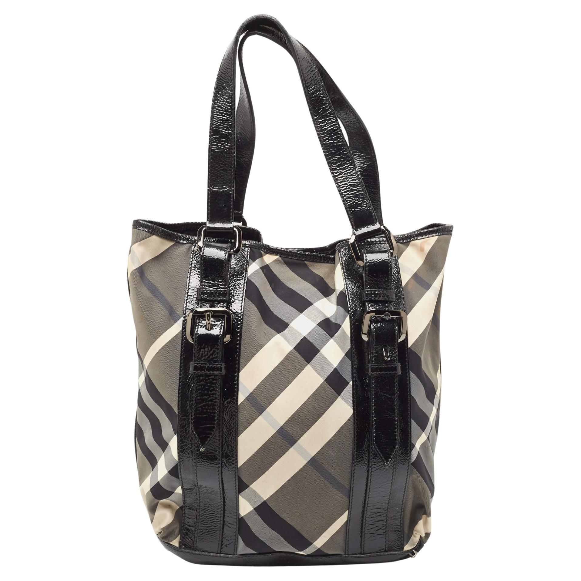 Burberry Black Beat Check Nylon and Patent Leather Victoria Tote For Sale