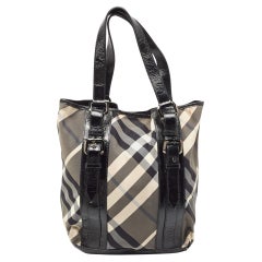 Used Burberry Black Beat Check Nylon and Patent Leather Victoria Tote