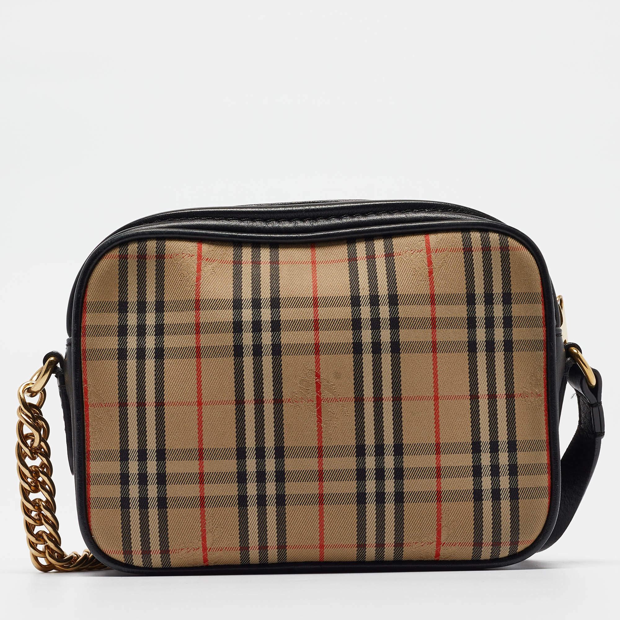 Burberry Black/Beige 1983 Knight Check Fabric and Leather Link Bum Belt Bag For Sale 4