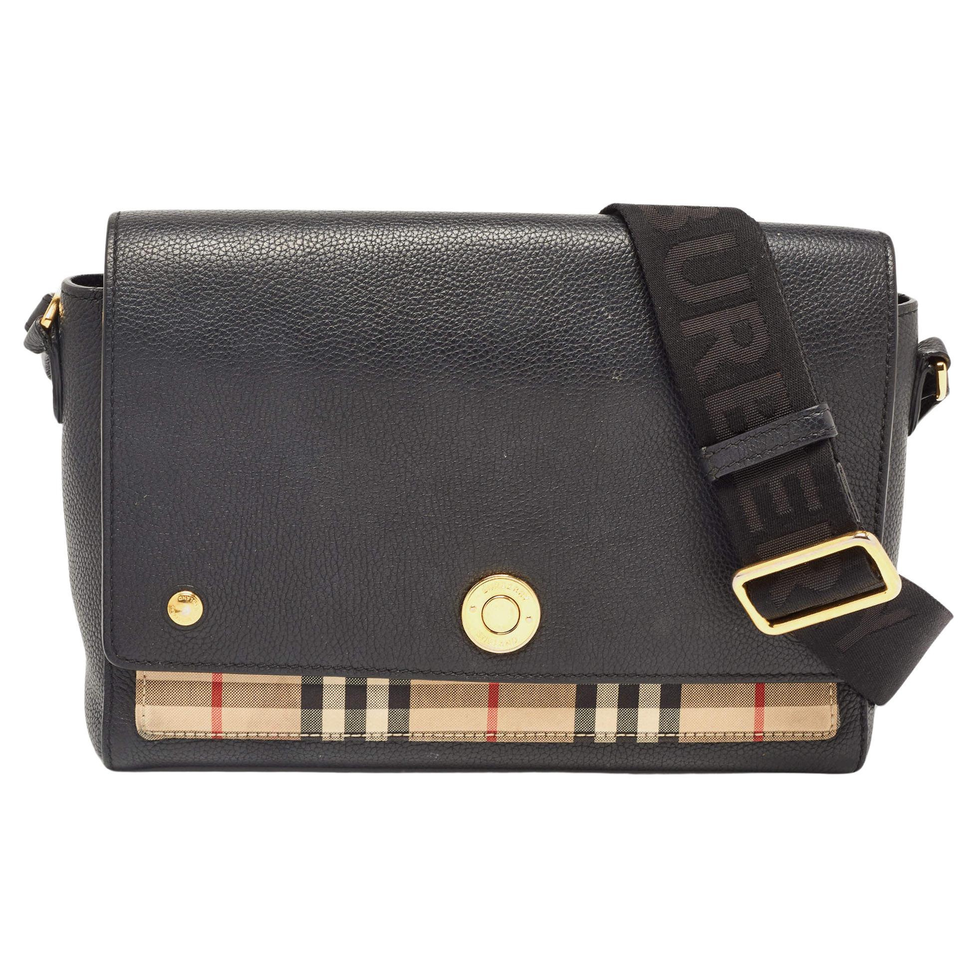 Burberry Black/Beige Check Canvas and Leather Note Shoulder Bag For ...