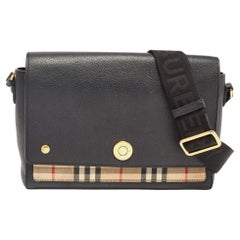Burberry Black/Beige Check Canvas and Leather Note Shoulder Bag