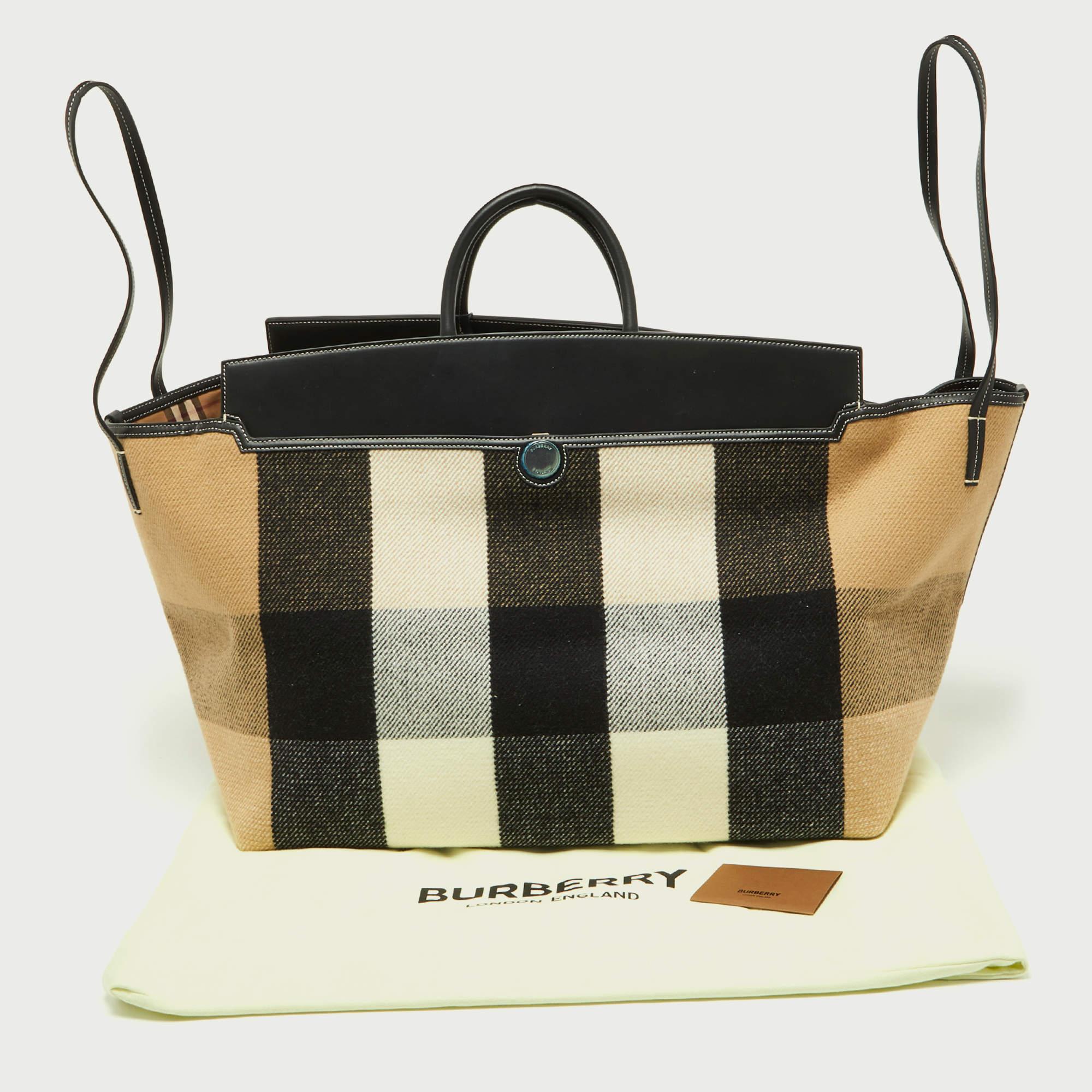 Burberry Black/Beige Check Wool and Leather XL Society Holdall Tote 7