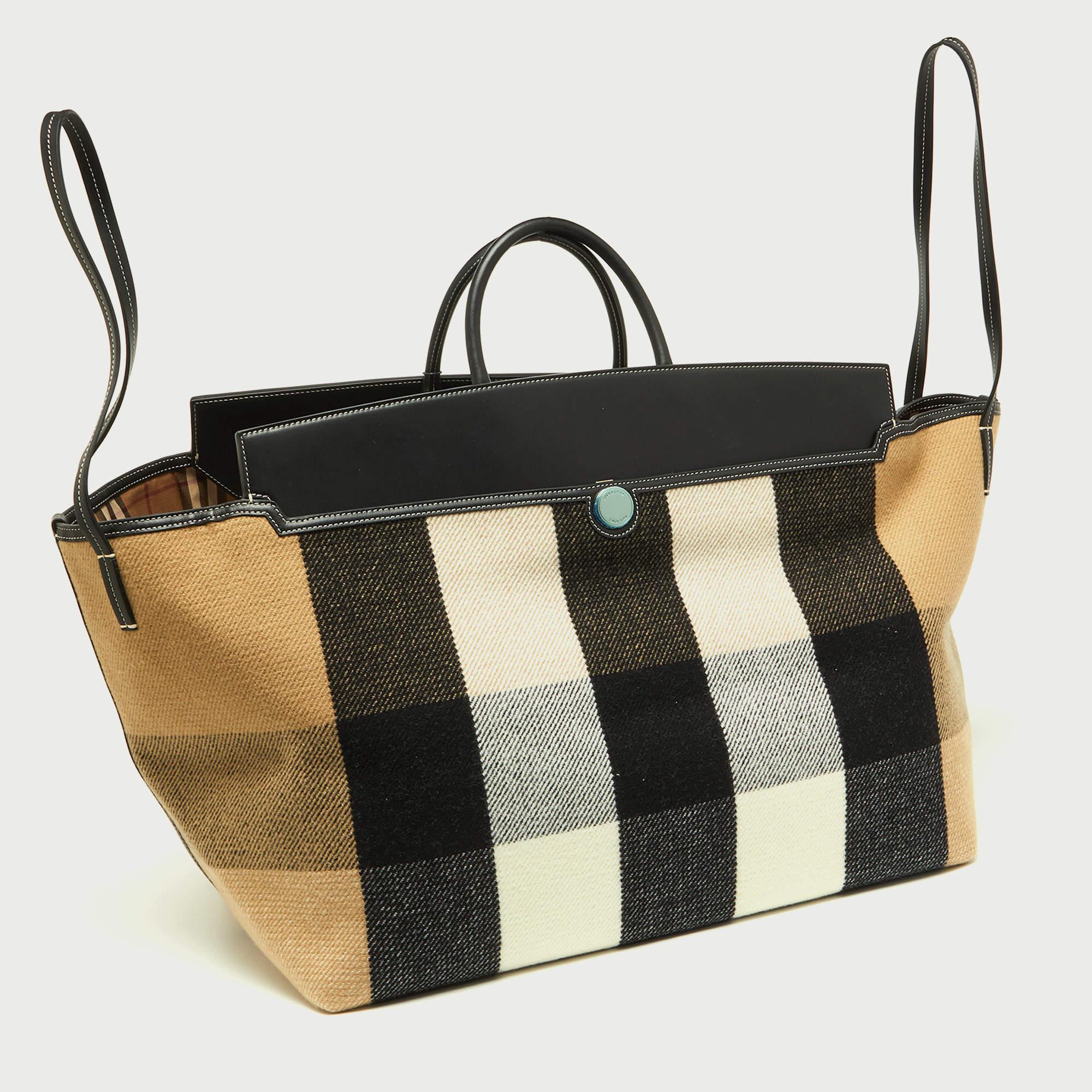 Burberry Black/Beige Check Wool and Leather XL Society Holdall Tote 4
