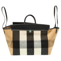 Burberry Black/Beige Check Wool and Leather XL Society Holdall Tote