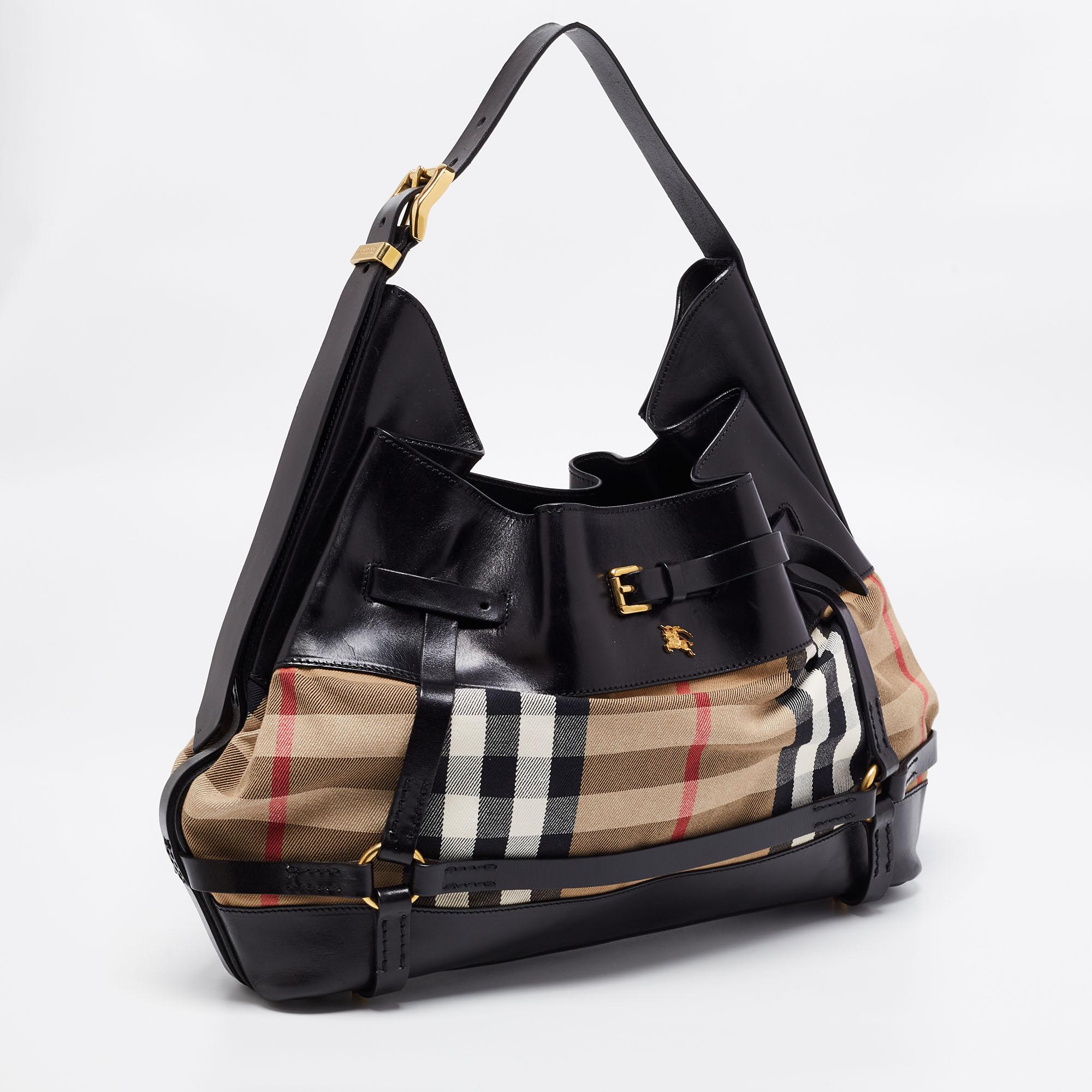 Women's Burberry Black/Beige House Check Canvas and Leather Bridle Hobo