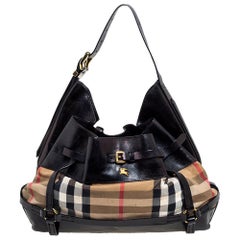Burberry Black/Beige House Check Canvas and Leather Bridle Hobo