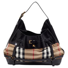 Burberry Black/Beige House Check Canvas and Leather Bridle Hobo
