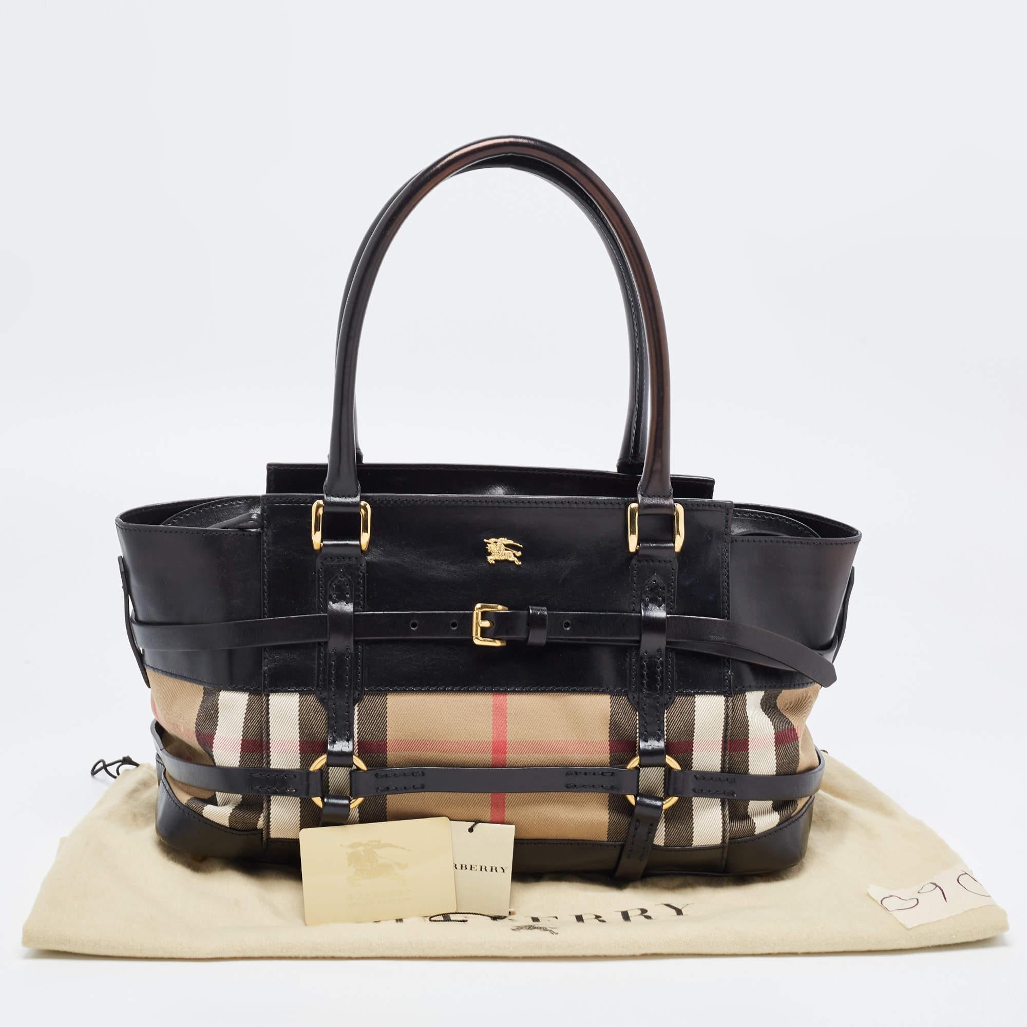 Burberry Black/Beige House Check Canvas and Leather Bridle Tote 15