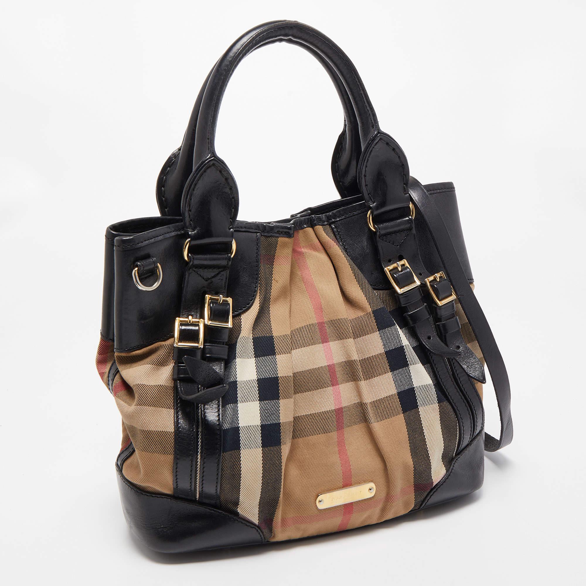 Women's Burberry Black/Beige House Check Canvas and Leather Bridle Tote